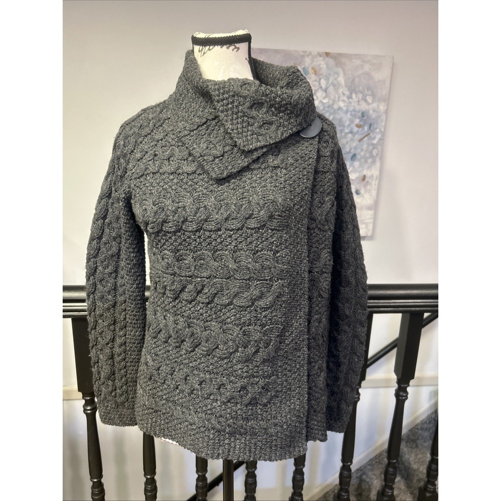Aran Mor Sweater Womens Med Merino Wool Open Front‎ Ireland Aran Cable Cardigan
